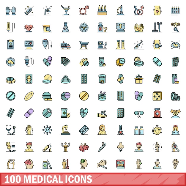 100 medical icons set color line style