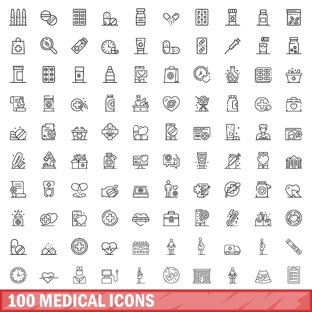 Vector 100 medical icons set outline style