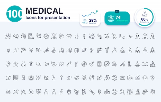 Vettore 100 icona linea medica per la presentazione