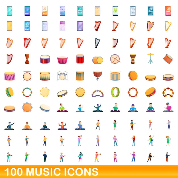 100개의 음악 아이콘이 설정되었습니다. 100 음악 아이콘 벡터 세트의 만화 그림 흰색 배경에 고립