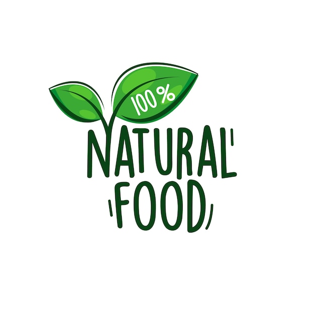 Логотип 100 Natural Food Bio Product с элементом дизайна зеленых листьев Oranic food badge label