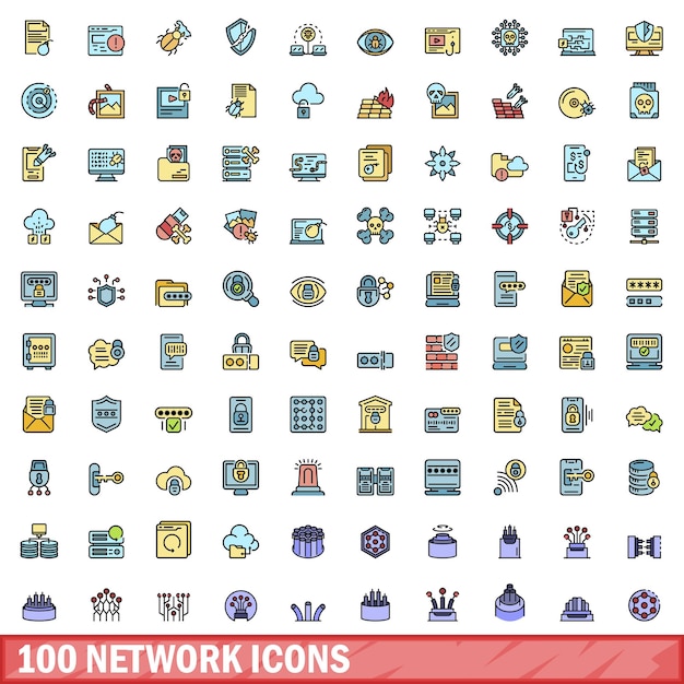 Vector 100 network icons set color line set of network vector icons thin line color flat on white