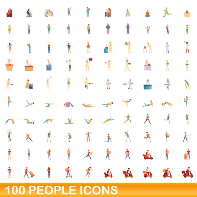 100 people icons set, cartoon style