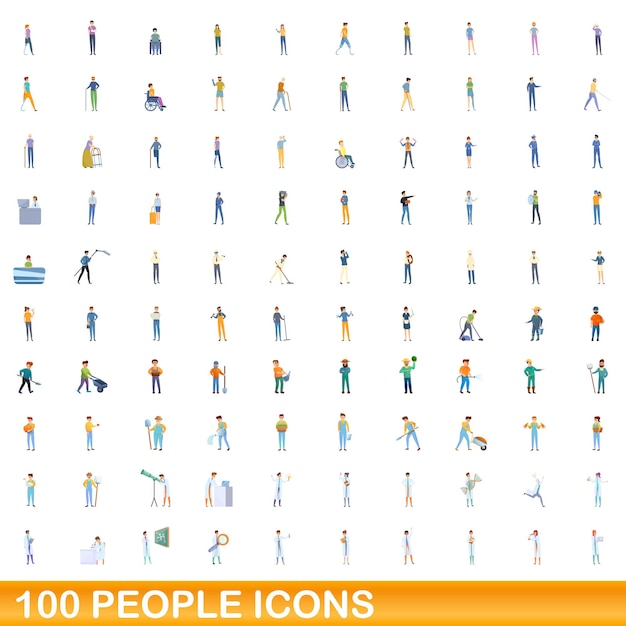 100 people icons set, cartoon style