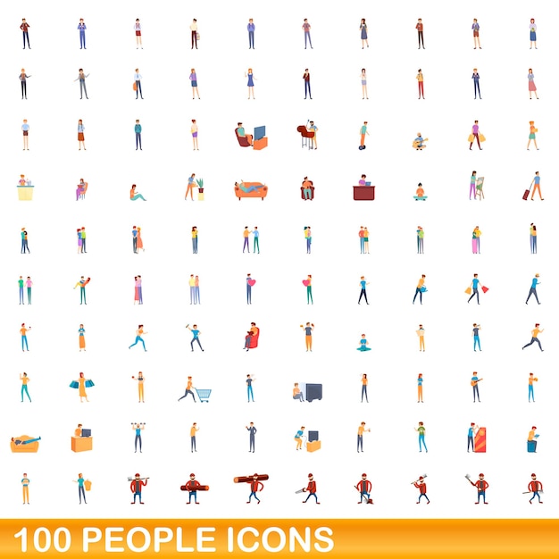 100 people icons set, cartoon style