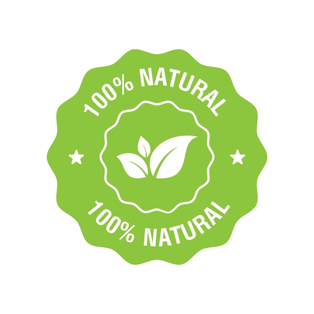 Bollo alimentare biologico naturale al 100% con foglia etichetta del prodotto con icona verde naturale o tipografia del logo vettore