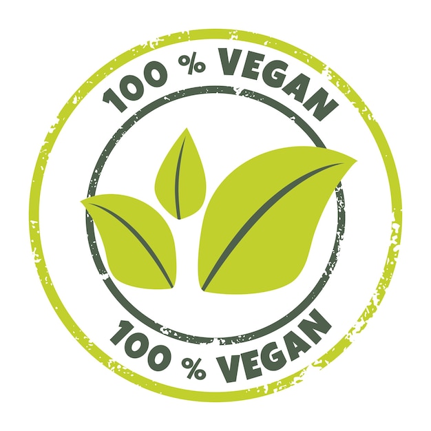 100 percent vegan icon Vector label logo sticker Textured round organic bio eco symbol with green leaves Concept of lactose free nonviolent healthy fresh food