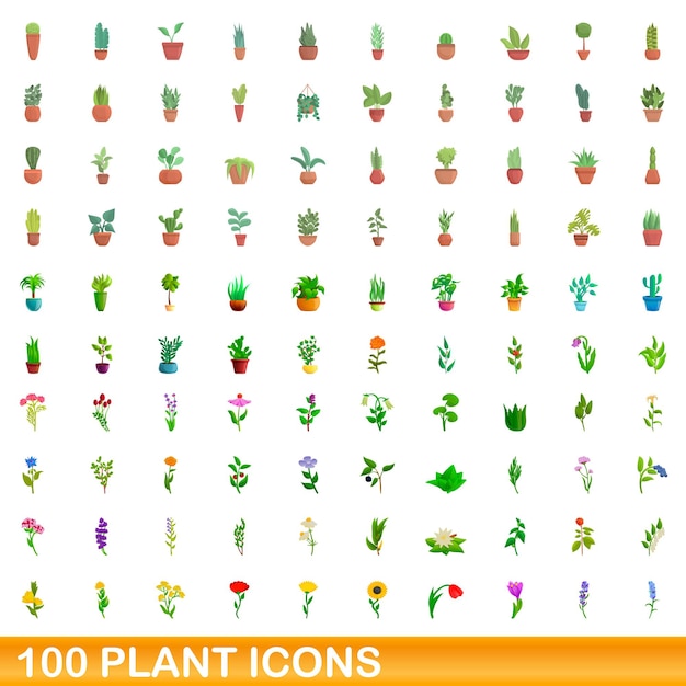 100 planten iconen set, cartoon stijl