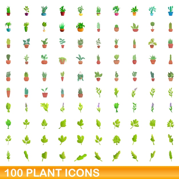 100 planten iconen set, cartoon stijl