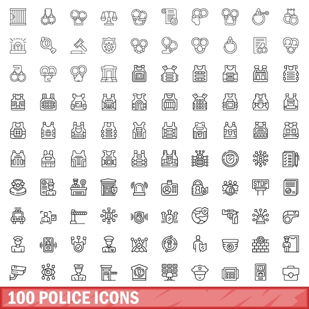 100 police icons set outline style