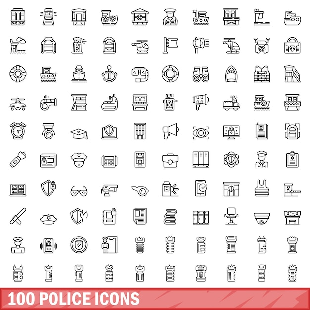 100 の警察のアイコン セット アウトラインのスタイル