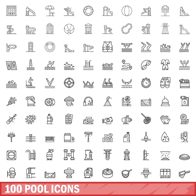 100 pool icons set outline style