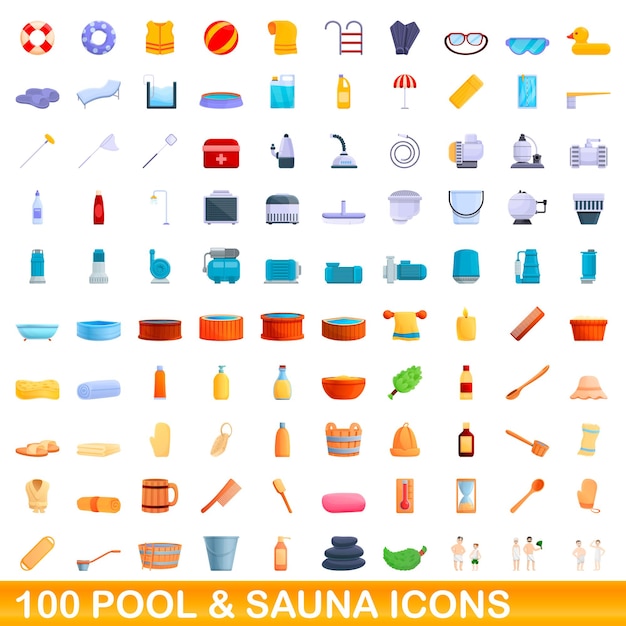 100 pool and sauna icons set. cartoon illustration of 100 pool and sauna icons vector set isolated on white background