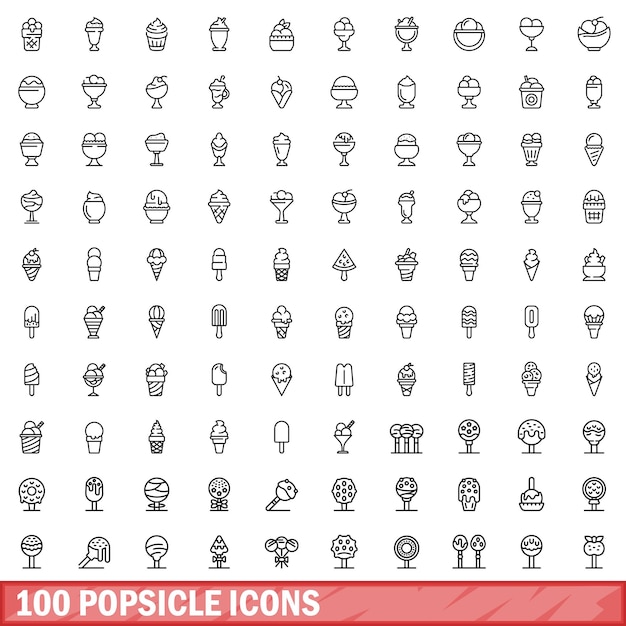 100개의 팝시클 아이콘 세트: 백색 바탕에 고립된 100개의 시클 이콘 터 세트의 대략적인 일러스트레이션