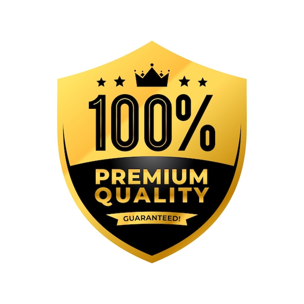 100 procent premium kwaliteit schildlabel, met kroon en sterren. Vector gouden elegant label