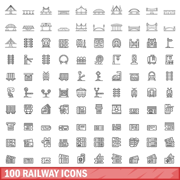 100 railway icons set outline style