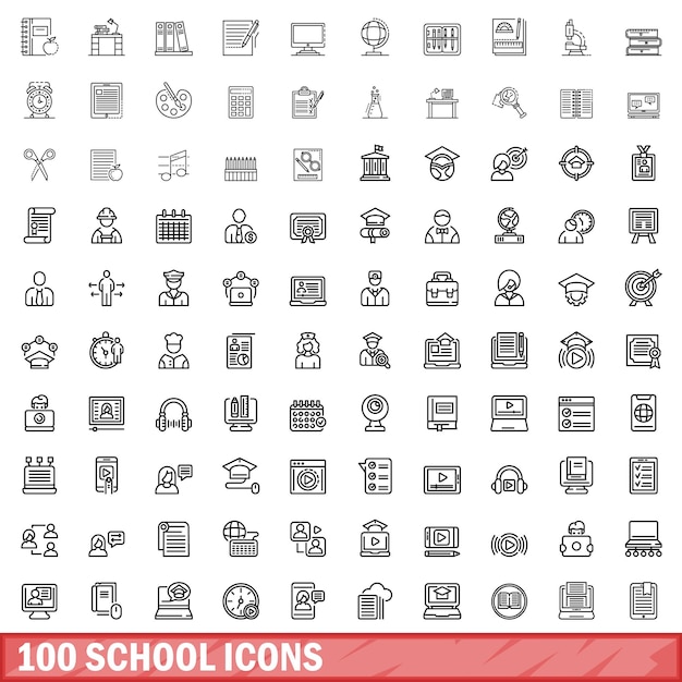 100 の学校アイコン セット アウトライン スタイル