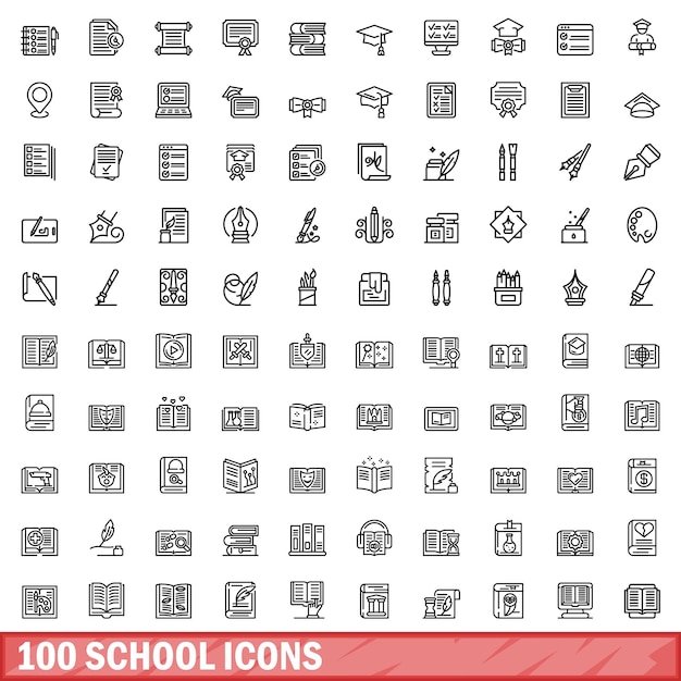 100 の学校アイコン セット アウトライン スタイル