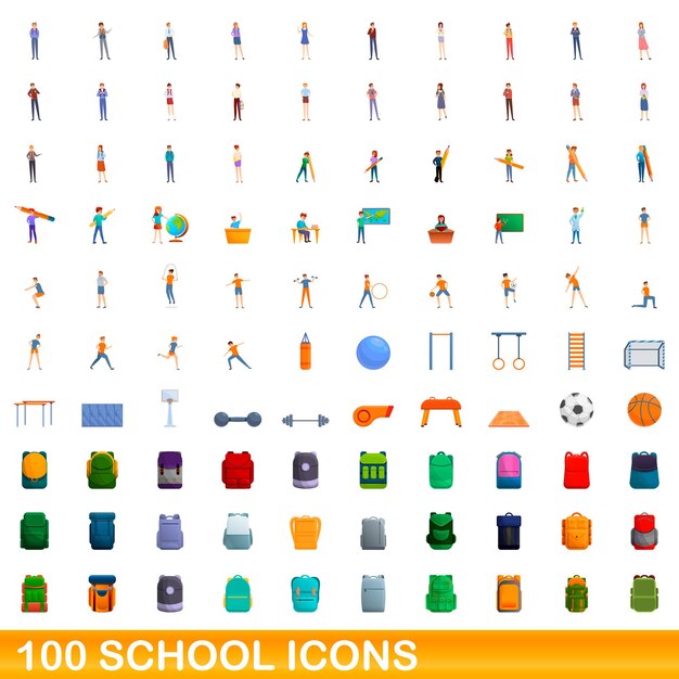 100 schoolpictogrammen instellen. Cartoon illustratie van 100 school iconen vector set geïsoleerd op een witte background