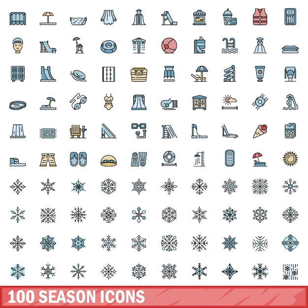 100 season icons set Color line set of season vector icons thin line color flat on white