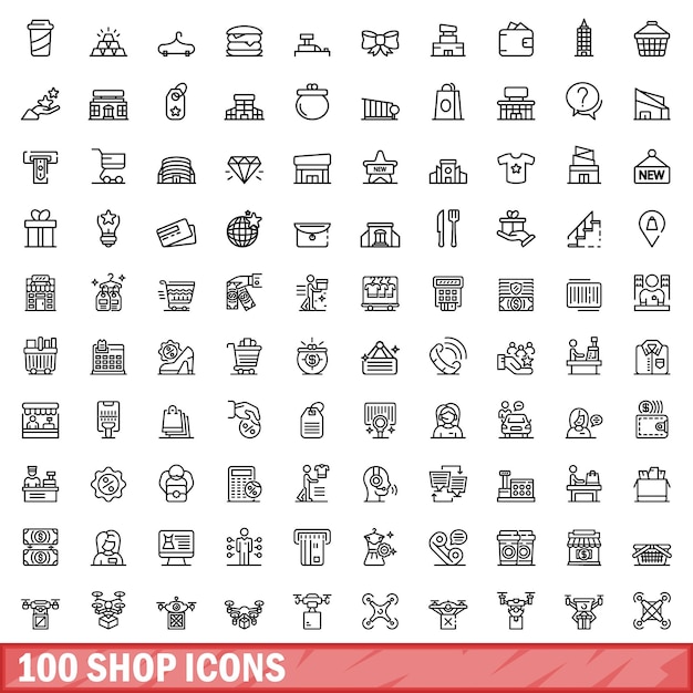 100 shop icons set outline style