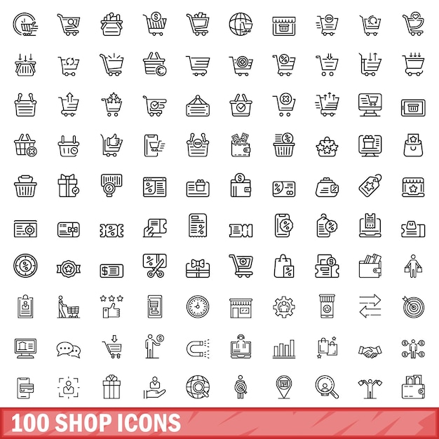 Vettore 100 icone del negozio impostano lo stile del contorno