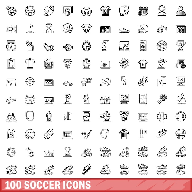 100 soccer icons set outline style