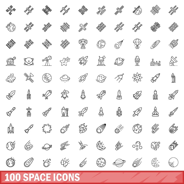 100 space icons set outline style