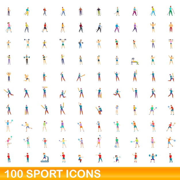 100 icone sportive impostate. un'illustrazione del fumetto di 100 icone di sport messe isolate