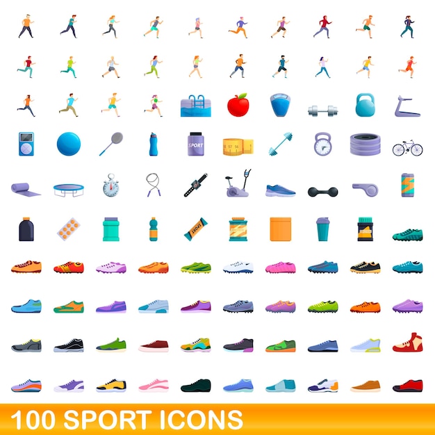 ベクトル 100のスポーツアイコンが設定されています。白い背景で隔離の100のスポーツアイコンセットの漫画イラスト