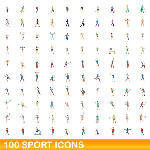 100のスポーツアイコンが設定されています。分離された100のスポーツアイコンセットの漫画イラスト