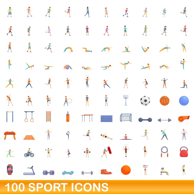 ベクトル 100のスポーツアイコンが設定されています。白い背景で隔離の100のスポーツアイコンベクトルセットの漫画イラスト