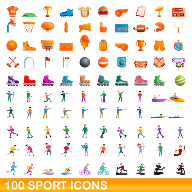 100 sport icons set, cartoon style