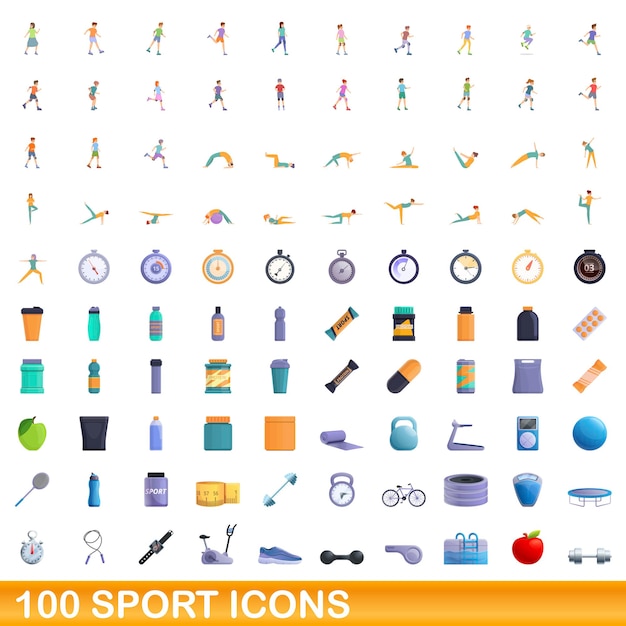 100 sport icons set, cartoon style