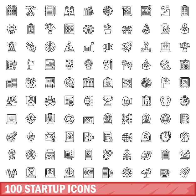 100 startup icons set outline style