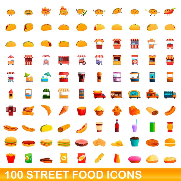 100개의 길거리 음식 아이콘이 설정되었습니다. 100 길거리 음식 아이콘의 만화 그림 격리 설정
