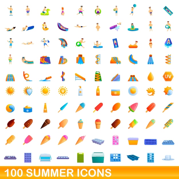 100 여름 아이콘을 설정합니다. 100 여름 아이콘 벡터 세트의 만화 그림 흰색 배경에 고립