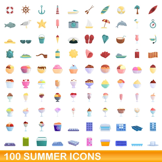 100 icone estive impostate, stile cartone animato