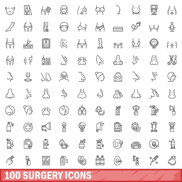 Vector 100 surgery icons set outline style