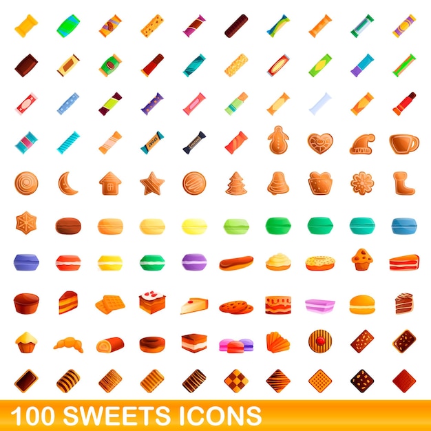 Набор иконок 100 сладостей. карикатура иллюстрации набор иконок 100 сладостей, изолированные на белом фоне