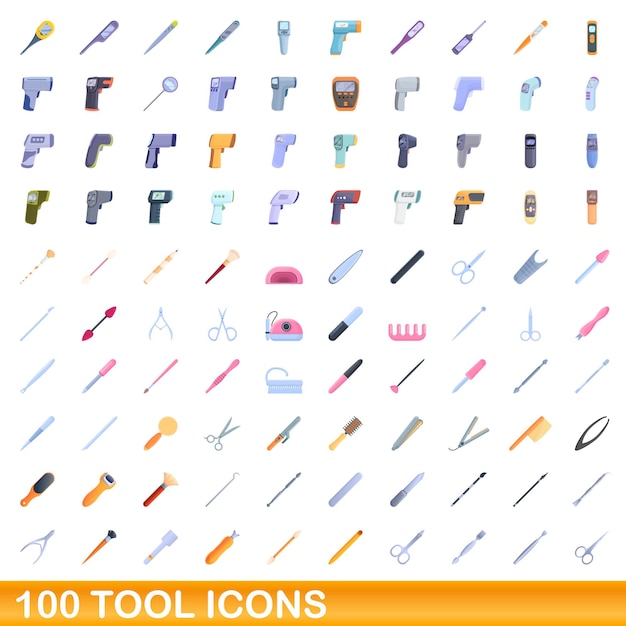 100 tool icons set, cartoon style