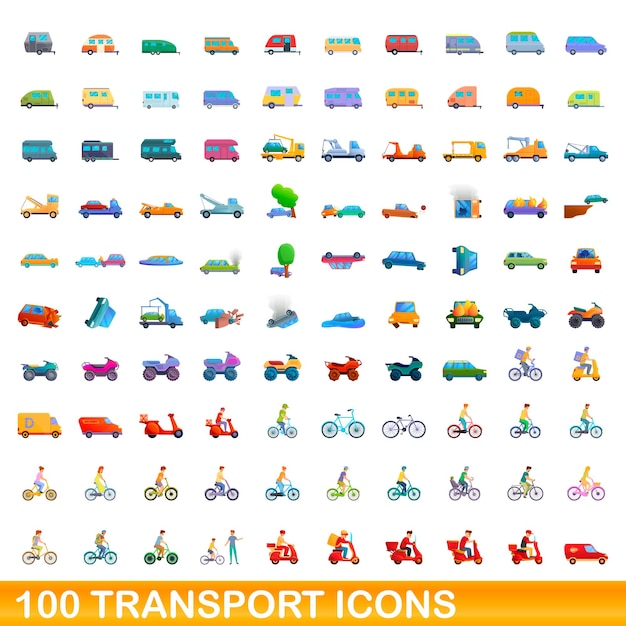 100 transport icons set. cartoon illustration of 100 transport icons vector set isolated on white background