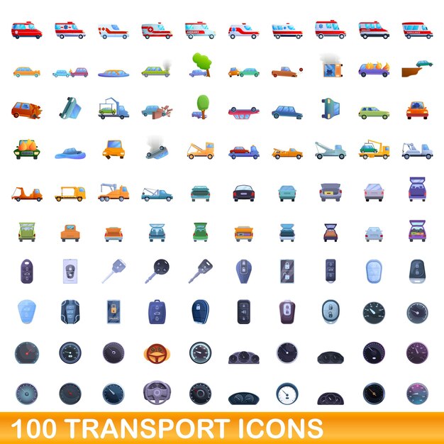 100 transport icons set, cartoon style