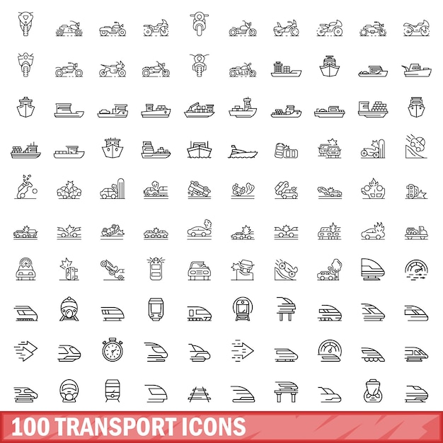 100 transport icons set outline style