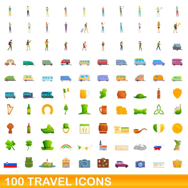 100 travel icons set. Cartoon illustration of 100 travel icons vector set isolated on white background