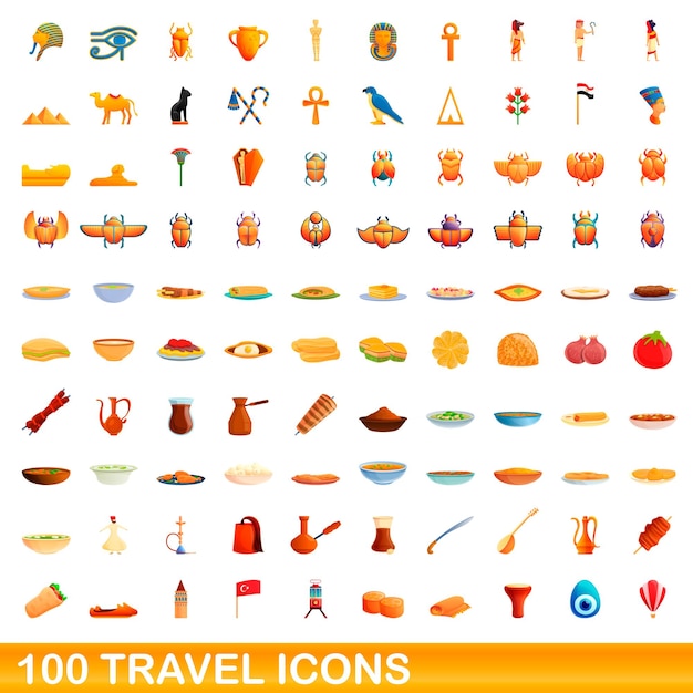 100 travel icons set. Cartoon illustration of 100 travel icons vector set isolated on white background