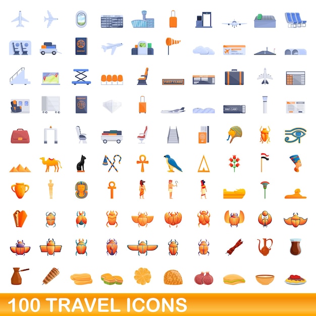 100 travel icons set, cartoon style