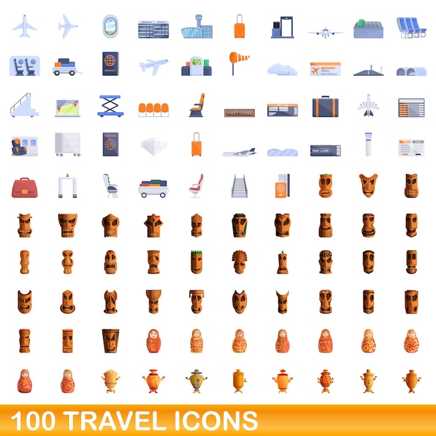 100 travel icons set, cartoon style