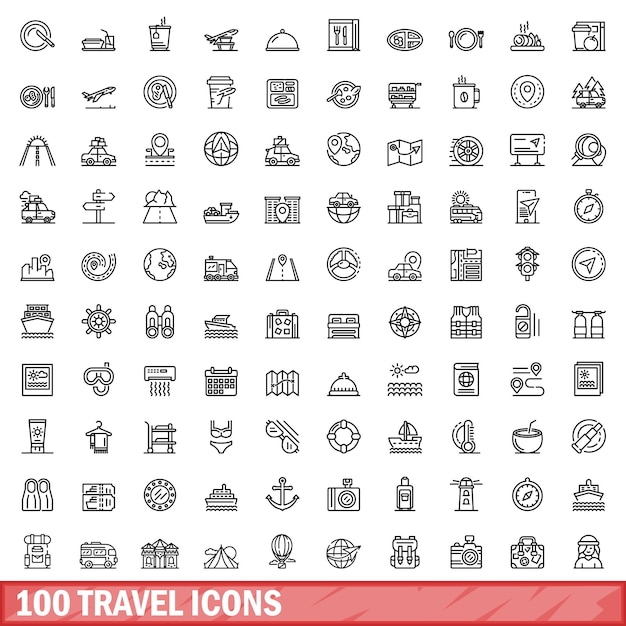 Vector 100 travel icons set outline style