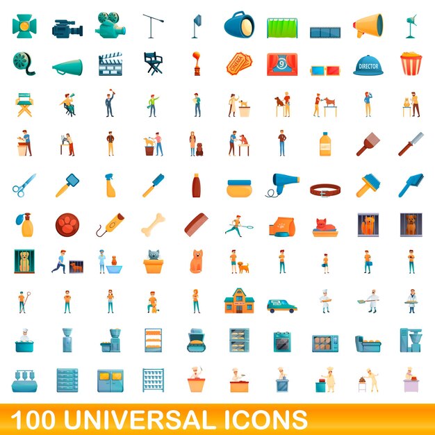 100 universal icons set. Cartoon illustration of 100 universal icons vector set isolated on white background